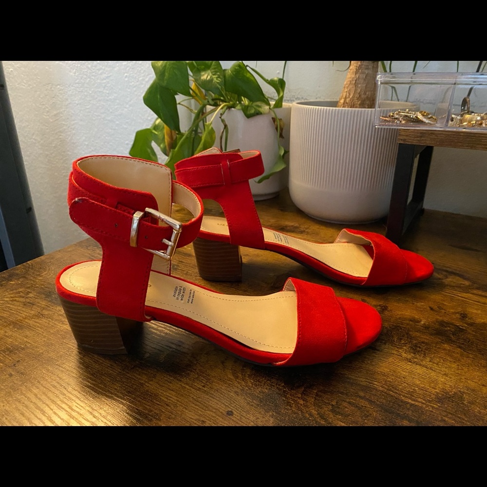 Red Chunky Heeled Ankle Strap Sandals